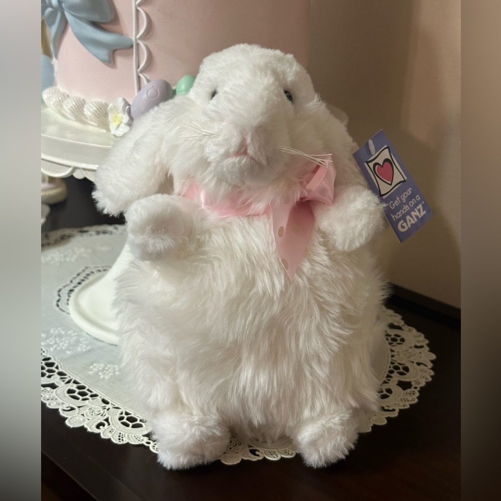 GANZ "Trudie" Adorable Easter Bunny Pink Polka-Dot Bow Ribbon Plushie Stuffy